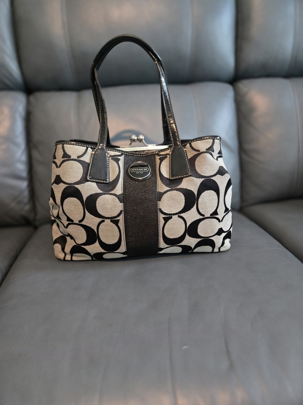 Coach Signature Kisslock Canvas Tote Bag in Black and Beige